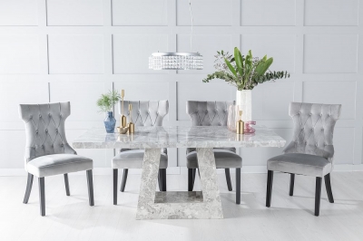 Product photograph of Milan Marble Dining Table Set Rectangular Grey Top And Triangular Pedestal Base With Courtney Light Grey Fabric Chairs from Choice Furniture Superstore