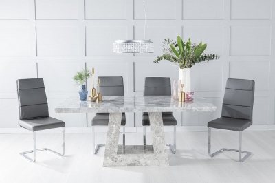 Product photograph of Milan Marble Dining Table Set Rectangular Grey Top And Triangular Pedestal Base With Arabella Dark Grey Faux Leather Chairs from Choice Furniture Superstore