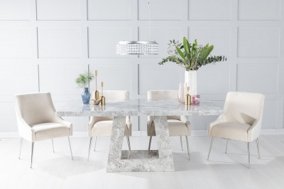 Product photograph of Milan Marble Dining Table Set Rectangular Grey Top And Triangular Pedestal Base With Giovanni Champagne Fabric Chairs from Choice Furniture Superstore