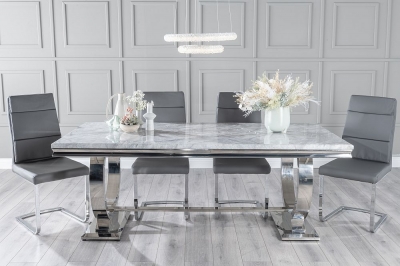 Product photograph of Glacier Marble Dining Table Set Rectangular Grey Top And Ring Chrome Base With Arabella Dark Grey Faux Leather Chairs from Choice Furniture Superstore