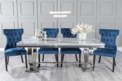 Product photograph of Glacier Marble Dining Table Set Rectangular Grey Top And Ring Chrome Base With Courtney Blue Fabric Chairs from Choice Furniture Superstore