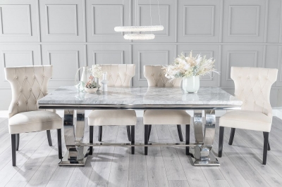 Product photograph of Glacier Marble Dining Table Set Rectangular Grey Top And Ring Chrome Base With Courtney Champagne Fabric Chairs from Choice Furniture Superstore