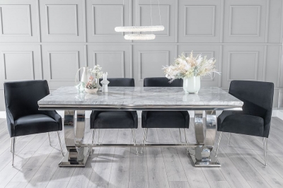 Product photograph of Glacier Marble Dining Table Set Rectangular Grey Top And Ring Chrome Base With Giovanni Black Fabric Chairs from Choice Furniture Superstore