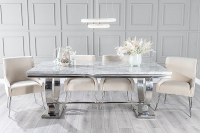Product photograph of Glacier Marble Dining Table Set Rectangular Grey Top And Ring Chrome Base With Giovanni Champagne Fabric Chairs from Choice Furniture Superstore