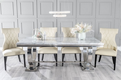 Product photograph of Glacier Marble Dining Table Set Rectangular Grey Top And Ring Chrome Base With Mimi Cream Faux Leather Chairs from Choice Furniture Superstore