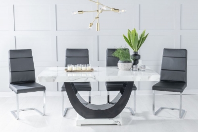 Product photograph of Madrid Marble Dining Table Set White Top And Black Gloss U - Shaped Pedestal Base With Arabella Black Faux Leather Chairs from Choice Furniture Superstore