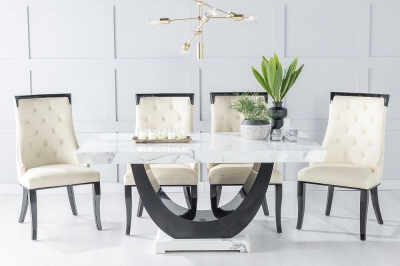 Product photograph of Madrid Marble Dining Table Set White Top And Black Gloss U - Shaped Pedestal Base With Carmela Cream Faux Leather Chairs from Choice Furniture Superstore