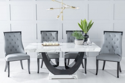 Product photograph of Madrid Marble Dining Table Set White Top And Black Gloss U - Shaped Pedestal Base With Carmela Grey Faux Leather Chairs from Choice Furniture Superstore