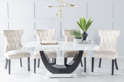 Product photograph of Madrid Marble Dining Table Set White Top And Black Gloss U - Shaped Pedestal Base With Courtney Champagne Fabric Chairs from Choice Furniture Superstore