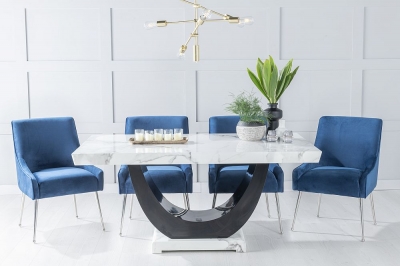Product photograph of Madrid Marble Dining Table Set White Top And Black Gloss U - Shaped Pedestal Base With Giovanni Blue Fabric Chairs from Choice Furniture Superstore
