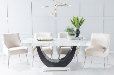 Product photograph of Madrid Marble Dining Table Set White Top And Black Gloss U - Shaped Pedestal Base With Giovanni Champagne Fabric Chairs from Choice Furniture Superstore
