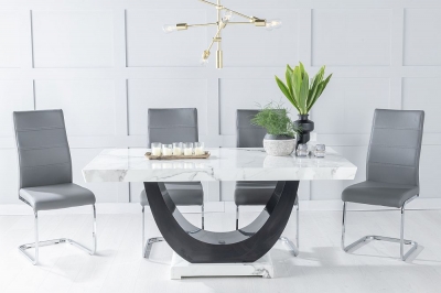 Product photograph of Madrid Marble Dining Table Set White Top And Black Gloss U - Shaped Pedestal Base With Malibu Dark Grey Faux Leather Chairs from Choice Furniture Superstore