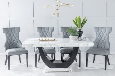 Product photograph of Madrid Marble Dining Table Set White Top And Black Gloss U - Shaped Pedestal Base With Mimi Grey Faux Leather Chairs from Choice Furniture Superstore
