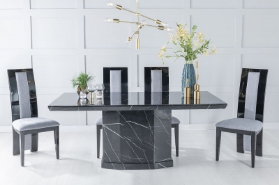 Product photograph of Naples Marble Dining Table Set Rectangular Black Top And Pedestal Base With Alpine Black High Gloss And Grey Fabric Chairs from Choice Furniture Superstore