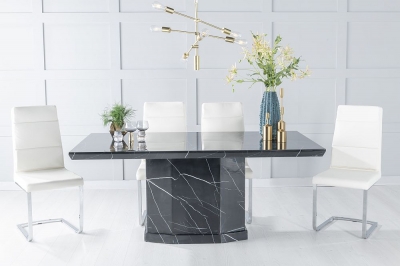 Product photograph of Naples Marble Dining Table Set Rectangular Black Top And Pedestal Base With Arabella Cream Faux Leather Chairs from Choice Furniture Superstore