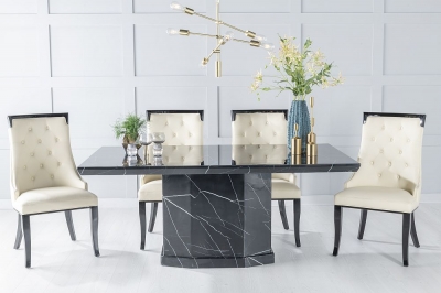 Product photograph of Naples Marble Dining Table Set Rectangular Black Top And Pedestal Base With Carmela Cream Faux Leather Chairs from Choice Furniture Superstore