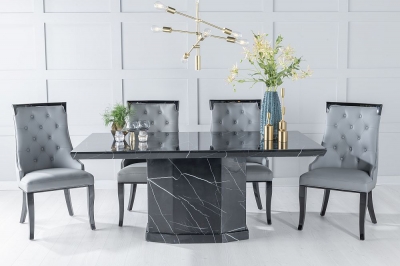 Product photograph of Naples Marble Dining Table Set Rectangular Black Top And Pedestal Base With Carmela Grey Faux Leather Chairs from Choice Furniture Superstore