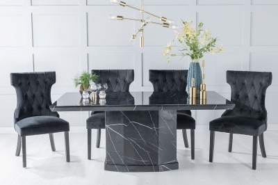 Product photograph of Naples Marble Dining Table Set Rectangular Black Top And Pedestal Base With Courtney Black Fabric Chairs from Choice Furniture Superstore