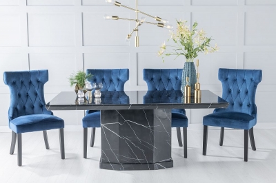 Product photograph of Naples Marble Dining Table Set Rectangular Black Top And Pedestal Base With Courtney Blue Fabric Chairs from Choice Furniture Superstore