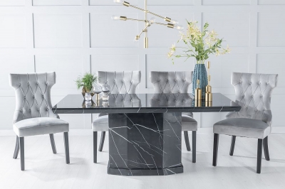 Product photograph of Naples Marble Dining Table Set Rectangular Black Top And Pedestal Base With Courtney Light Grey Fabric Chairs from Choice Furniture Superstore