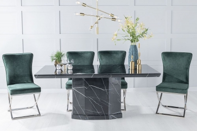 Product photograph of Naples Marble Dining Table Set Rectangular Black Top And Pedestal Base With Lyon Green Fabric Chairs from Choice Furniture Superstore