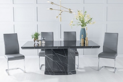 Product photograph of Naples Marble Dining Table Set Rectangular Black Top And Pedestal Base With Malibu Dark Grey Faux Leather Chairs from Choice Furniture Superstore