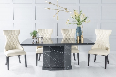 Product photograph of Naples Marble Dining Table Set Rectangular Black Top And Pedestal Base With Mimi Cream Faux Leather Chairs from Choice Furniture Superstore
