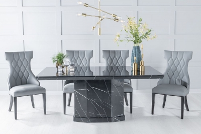 Product photograph of Naples Marble Dining Table Set Rectangular Black Top And Pedestal Base With Mimi Grey Faux Leather Chairs from Choice Furniture Superstore