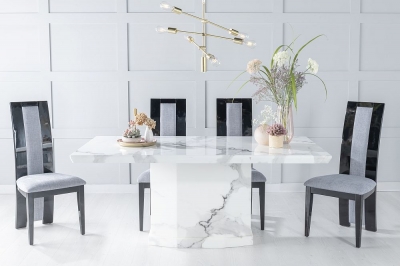 Product photograph of Naples Marble Dining Table Set Rectangular White Top And Pedestal Base With Alpine Black High Gloss And Grey Fabric Chairs from Choice Furniture Superstore