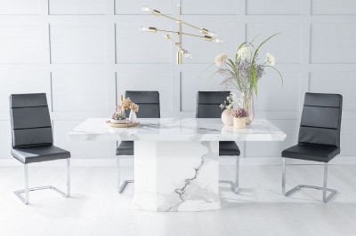 Product photograph of Naples Marble Dining Table Set Rectangular White Top And Pedestal Base With Arabella Black Faux Leather Chairs from Choice Furniture Superstore