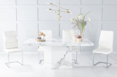 Product photograph of Naples Marble Dining Table Set Rectangular White Top And Pedestal Base With Arabella Cream Faux Leather Chairs from Choice Furniture Superstore