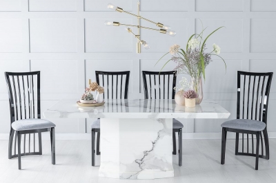 Product photograph of Naples Marble Dining Table Set Rectangular White Top And Pedestal Base With Athena Black High Gloss And Grey Fabric Chairs from Choice Furniture Superstore