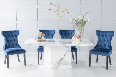 Product photograph of Naples Marble Dining Table Set Rectangular White Top And Pedestal Base With Courtney Blue Fabric Chairs from Choice Furniture Superstore