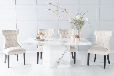 Product photograph of Naples Marble Dining Table Set Rectangular White Top And Pedestal Base With Courtney Champagne Fabric Chairs from Choice Furniture Superstore