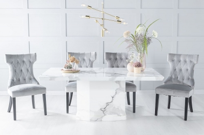 Product photograph of Naples Marble Dining Table Set Rectangular White Top And Pedestal Base With Courtney Light Grey Fabric Chairs from Choice Furniture Superstore
