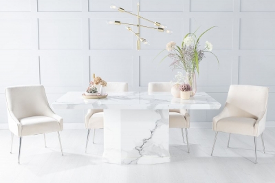 Product photograph of Naples Marble Dining Table Set Rectangular White Top And Pedestal Base With Giovanni Champagne Fabric Chairs from Choice Furniture Superstore