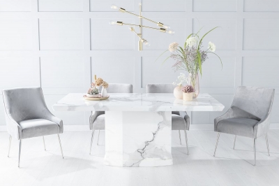 Product photograph of Naples Marble Dining Table Set Rectangular White Top And Pedestal Base With Giovanni Light Grey Fabric Chairs from Choice Furniture Superstore