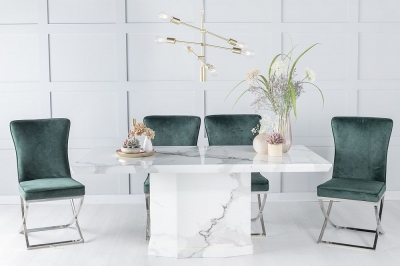 Product photograph of Naples Marble Dining Table Set Rectangular White Top And Pedestal Base With Lyon Green Fabric Chairs from Choice Furniture Superstore