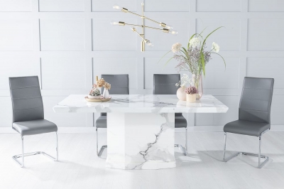 Product photograph of Naples Marble Dining Table Set Rectangular White Top And Pedestal Base With Malibu Dark Grey Faux Leather Chairs from Choice Furniture Superstore