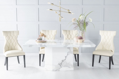 Product photograph of Naples Marble Dining Table Set Rectangular White Top And Pedestal Base With Mimi Cream Faux Leather Chairs from Choice Furniture Superstore