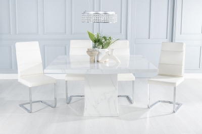 Product photograph of Turin Marble Dining Table Square White Top And Pedestal Base With Arabella Cream Faux Leather Chairs from Choice Furniture Superstore
