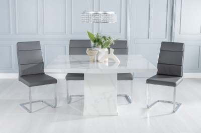 Product photograph of Turin Marble Dining Table Square White Top And Pedestal Base With Arabella Dark Grey Faux Leather Chairs from Choice Furniture Superstore