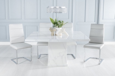 Product photograph of Turin Marble Dining Table Square White Top And Pedestal Base With Arabella Grey Faux Leather Chairs from Choice Furniture Superstore