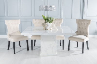 Product photograph of Turin Marble Dining Table Square White Top And Pedestal Base With Courtney Champagne Fabric Chairs from Choice Furniture Superstore