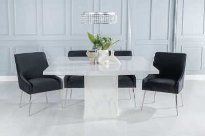 Product photograph of Turin Marble Dining Table Square White Top And Pedestal Base With Giovanni Black Fabric Chairs from Choice Furniture Superstore