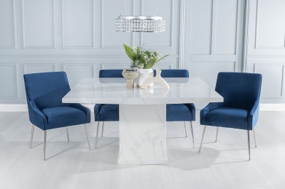 Product photograph of Turin Marble Dining Table Square White Top And Pedestal Base With Giovanni Blue Fabric Chairs from Choice Furniture Superstore