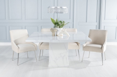 Product photograph of Turin Marble Dining Table Square White Top And Pedestal Base With Giovanni Champagne Fabric Chairs from Choice Furniture Superstore