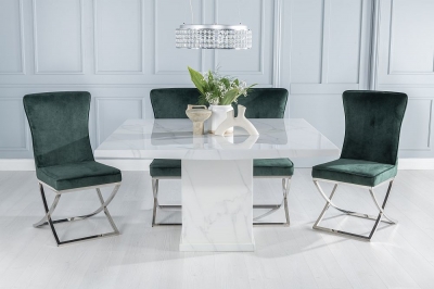 Product photograph of Turin Marble Dining Table Square White Top And Pedestal Base With Lyon Green Fabric Chairs from Choice Furniture Superstore