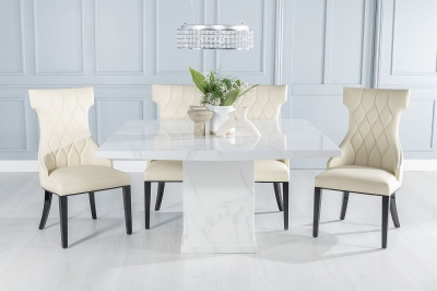 Product photograph of Turin Marble Dining Table Square White Top And Pedestal Base With Mimi Cream Faux Leather Chairs from Choice Furniture Superstore
