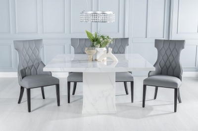 Product photograph of Turin Marble Dining Table Square White Top And Pedestal Base With Mimi Grey Faux Leather Chairs from Choice Furniture Superstore